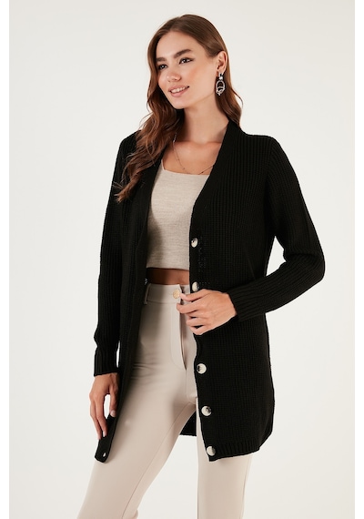 Lela Regular Fit V Yaka Düğmeli Triko Örme Uzun Bayan Hırka 4615044 Siyah