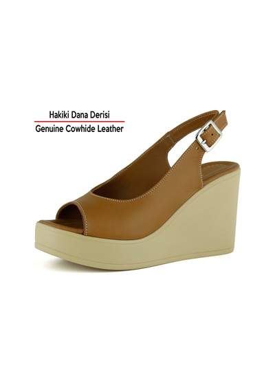 Erkan Saçmacı Mathilda Taba Hakiki Dana Derisi Dolgu Topuklu Slingback Sandalet