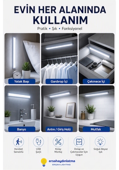 Hareket Sensörlü Şarjlı Led Lamba 30 Cm Beyaz Renk