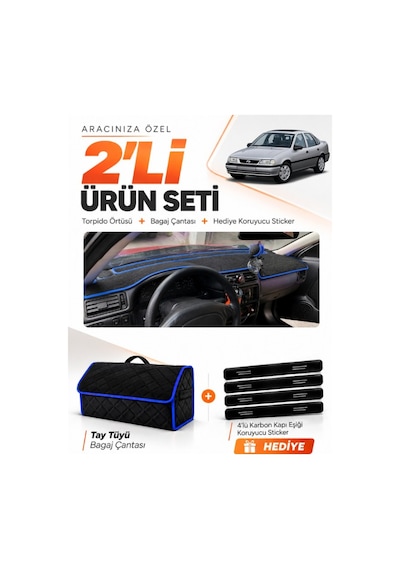 E-biz Opel Vectra A 1988-1995 Uyumlu Torpido Örtüsü + Tay Tüyü Bagaj Çantası - Siyah-mavi - Op014