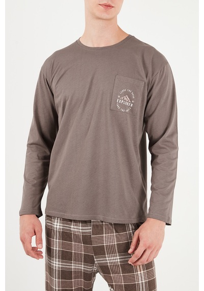 Buratti Ekoseli Pamuklu Bisiklet Yaka Pijama Takımı Erkek Pijama Takımı 6575007 Kahve