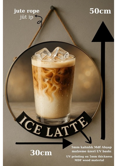 Ice Latte Temalı Yuvarlak Cafe Tabelası, Jüt İpli Ahşap Duvar & Kapı Dekoru, Barista Tarzı Süs