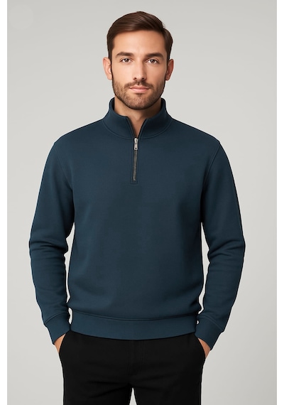 We&me Regular Fit Yarım Fermuarlı Dik Yaka Basic Sweatshirt Mavi