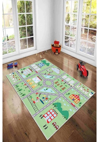 Yeşil Kaymaz Tabanlı Otoyollu Oyun Halısı Çocuk Halısı Kd45n11