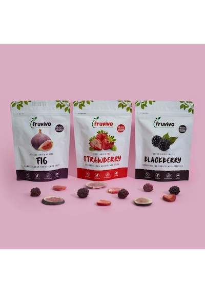 Fruvivo 3'lü Freeze Dry Paket - İncir + Çilek + Böğürtlen - Dondurularak Kurutulmuş Meyve Cipsi Şeker İlavesiz %100 Doğal Vegan 65 G