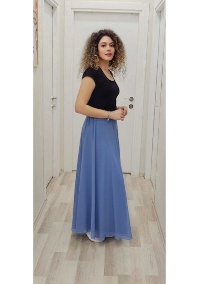 Lodmela Bel Lastikli Kloş Şifon Etek 6003-indigo İndigo