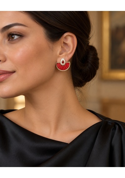 Dora S Shine Zra Model Carmen Kırmızı Yelpaze Küpe Sedef Görünümlü Damla Detaylı, Taşlı Ve Altın Tonlu Çok Renkli