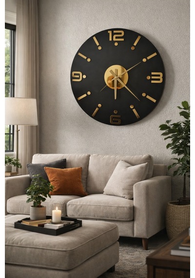 Dekoratif Ahşap Duvar Saati Ahşap Siyah Üzeri Gold Pleksi Mobilya Renk Desenli Hediyelik Sessiz Duvar Saati 45 Cm Gold - Siyah
