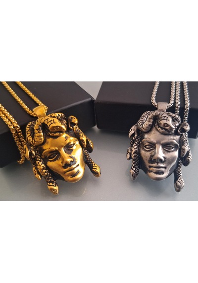 Antik Eskitme Altın Renk Gotik Tarz Paslanmaz Çelik Medusa Kolye Altın