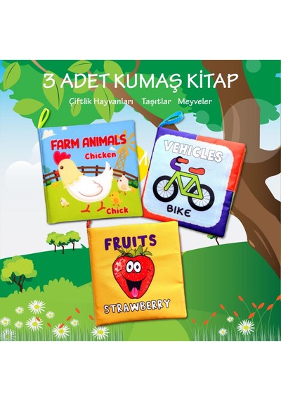 3 Kitap Tox İngilizce Çiftlik Hayvanları, Taşıtlar Ve Meyveler Kumaş Sessiz Kitap E119 E132 E126 - Bez Kitap , Eğitici Oyuncak , Yumuşak Ve Hışırtılı