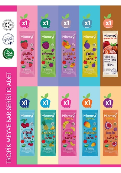 Mixmey Tropik Meyve Bar Serisi 10 Adet | Atıştırmalıklar – Vegan, Glutensiz (20GR X 10 ADET)