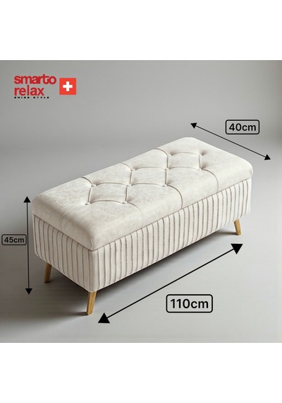 Smarto Relax Swiss Style Puf , Appenzell Kapitonesandıklı Puf, Babyface Kaplama, 110x40x45 Cm, Ahşap Ayaklı ,sandıklı Dekoratif Puf Bej Ekru