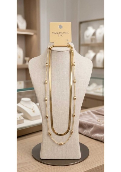 Çelik Gold Çift Sıra Ezme Zincir Ve Top Detaylı Kolye Altın