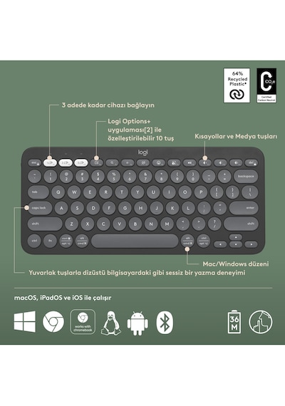 K380s Pebble Keys 2 Çoklu Cihaz Özellikli Bluetooth İngilizce Q