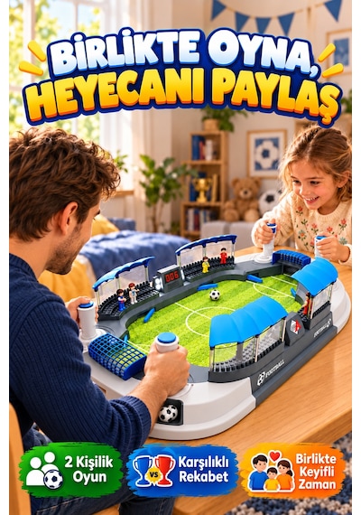 Büyük Boy Masaüstü Futbol Oyunu 70,5 Cm 2 Kişilik 4 Kontrollü Mini Stadyum 8 Figürlü Çocuk Oyun Seti