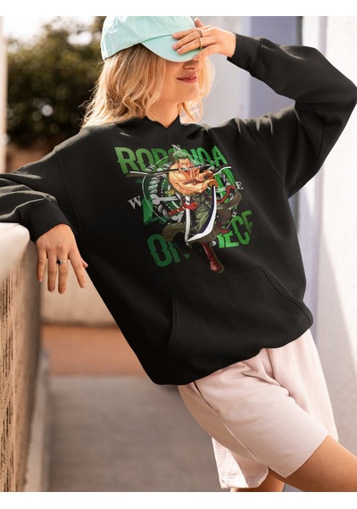 Sevbano Roronoa Zoro Baskılı Unisex Oversize One Piece Anime Hoodie Siyah