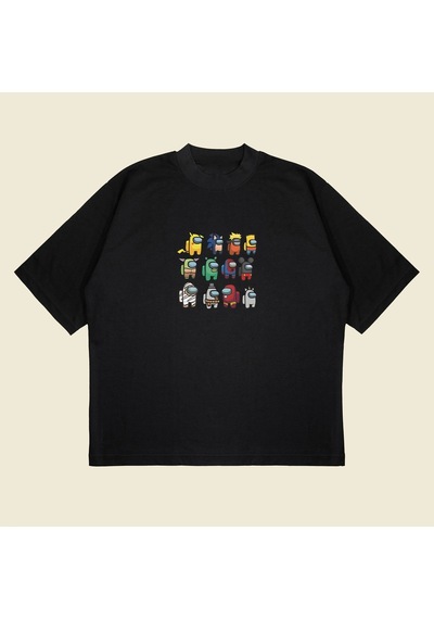 Startmore Among Us Baskılı Oversize Unisex Pamuklu Nefes Alan Kalın Kumaşlı Siyah