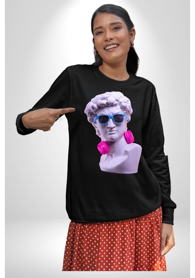 Kulaklık Gözlük Pop Art Heykel Unisex Siyah Sweatshirt Siyah
