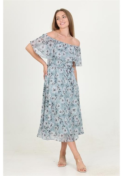 Neşeli Butik Kadın Madonna Yaka Kuşaklı Desenli Şifon Elbise Ry10037 Mint