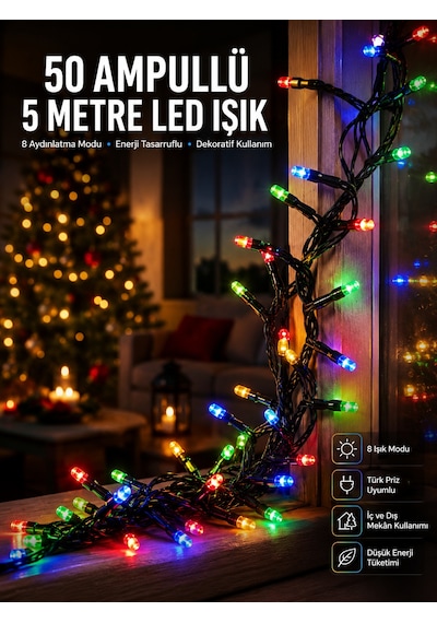 Karışık Renk Pilli Led Işık Çok Fonksiyonlu Enerji Tasarruflu 5 Metre - Lisinya Siyah
