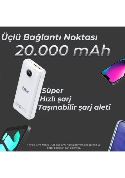 Pb201 Üç Portlu 20000mah 22.5w Süper Hızlı Şarj 4.0 Pd Giriş/çıkışlı Led Göstergeli Powerbank Beyaz