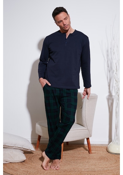 Buratti Ekoseli Pamuklu Beli Lastikli Regular Fit Uzun Kollu Erkek Pijama Takımı 6572003 Lacivert
