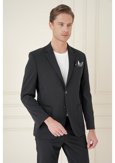 Efor Slim Fit Torba Cep Esnek Spandex Karışımlı Düz Siyah Blazer Ceket C 696 Siyah