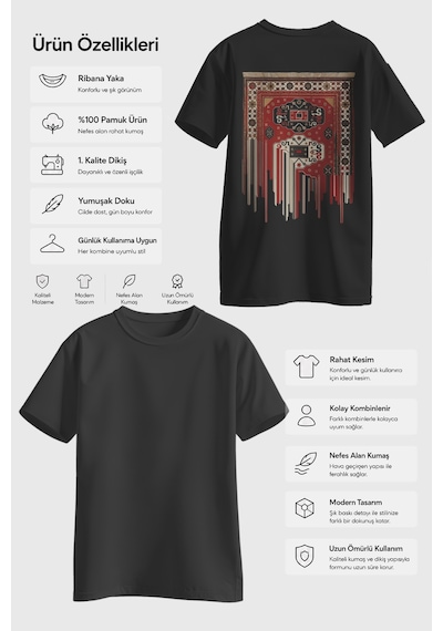 Spoyi Bohem Kilim Tasarımlı %100 Pamuk Yarım Oversize Siyah T-lhirt