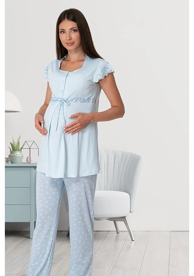 Effortt Dvina Lohusa Hamile Fiyonklu Kısa Kollu Pijama Takımı - Mavi Mavi