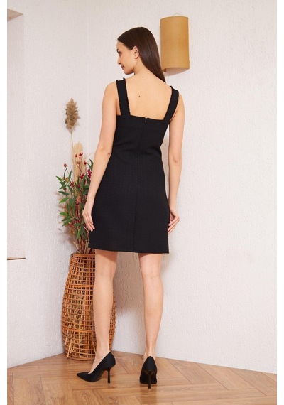 Darlin Moda Siyah Askılı Düğme Detaylı Mini Elbise DM1011 Siyah