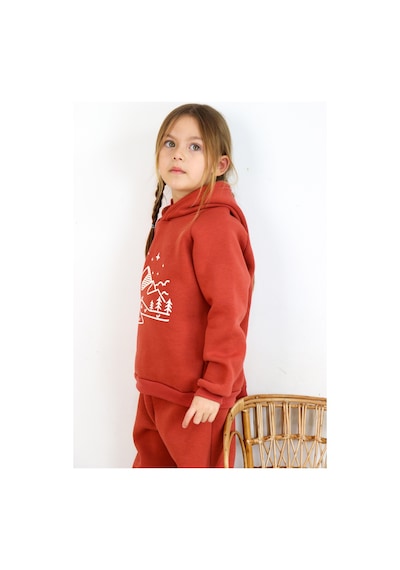 Miababy 3 İp Baskılı Kapüşonlu Şardonlu İkili Takım Kiremit