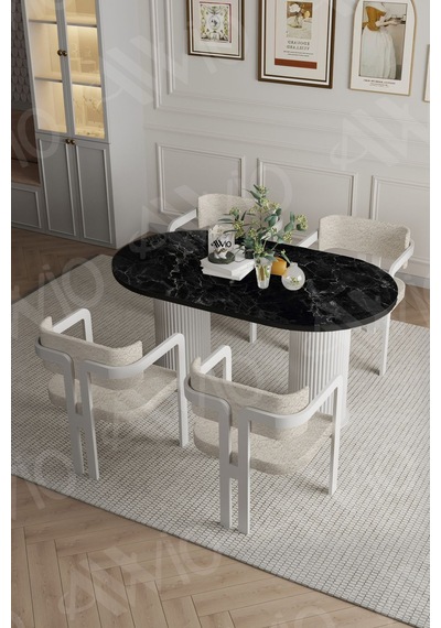Avvio Pruva Ptt Lake Mdf Ayak 4'lü Tokyo Metal Demonte Sandalye 80x140 Masa Sandalye Takımı Siyah Mermer
