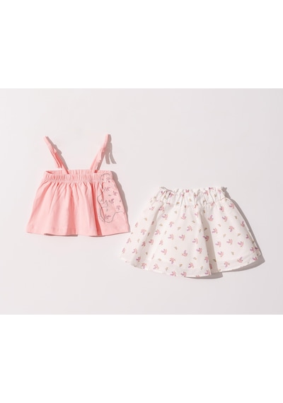 Kıpırık Baby Kız Bebek Çocuk Askılı Pembe Tişört Çiçekli Etekli Takım-1151 Pembe