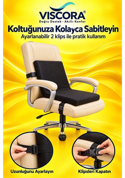 Visco Bel Destek Ve Oturma Minderi Ev, Ofis Ve Araç İçin Tek Parça, Kaymaz Tabanlı Ve Klipsli Siyah