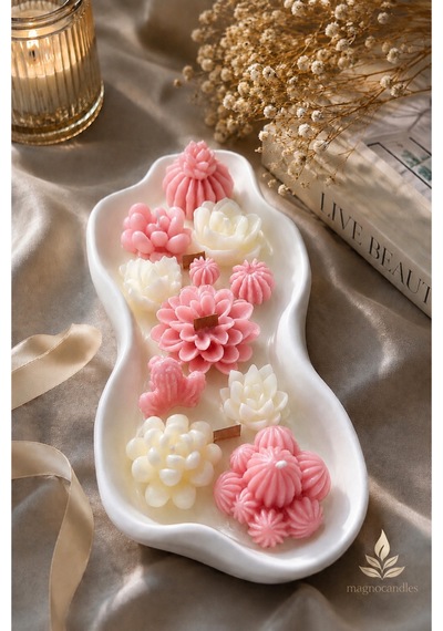 Magno Candles Çiçek Bahçesi Kokulu Mum El Yapımı Seramik Kase Dekoratif Mum & Hediyelik Ev Dekoru Pembe