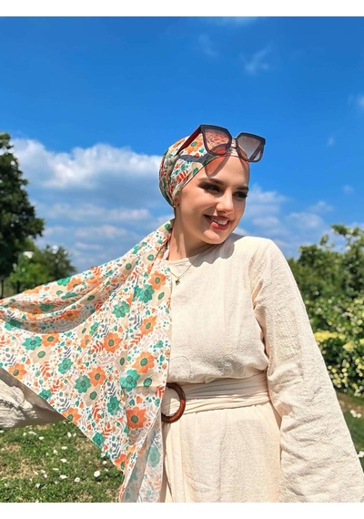 Moda Kaşmir Flora Desen Bambu Eşarp Turuncu-yeşil