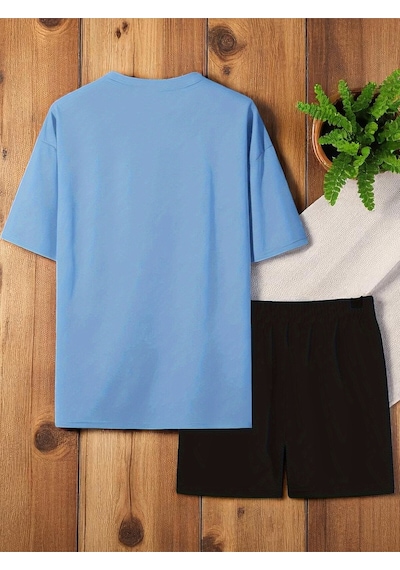 Uyguntarz Unisex Dr. Ayı Tasarım Basklı Tshirt Şort Takımı Bebe Mavi