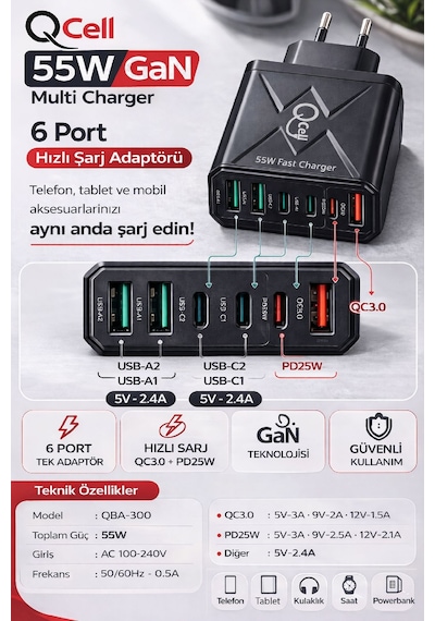 Qcell Super Fast Charger 6 Port 55 Watt Gan Siyah Adaptör Süper Hızlı Şarj