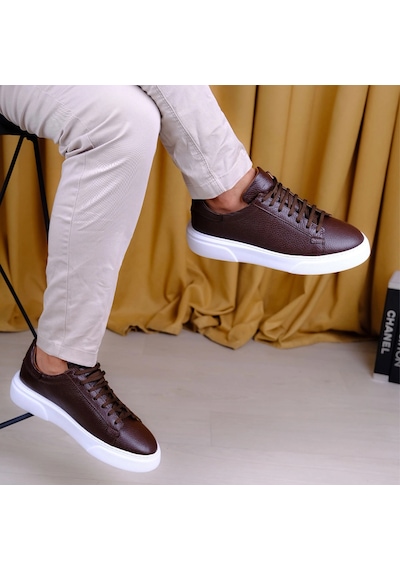 Twingold Kişiselleştirilebilir Kalın Ortopedik Tabanlı %100 Deri Sneaker Spor Ayakkabı - Kahverengi Kahverengi