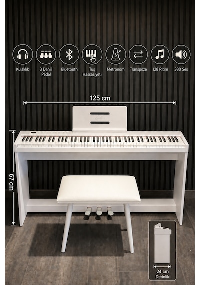 Beyaz Digital Piyano Hassasiyetli 88 Dolgu Tuş 3 Pedal Tabure Kulaklık Dahil