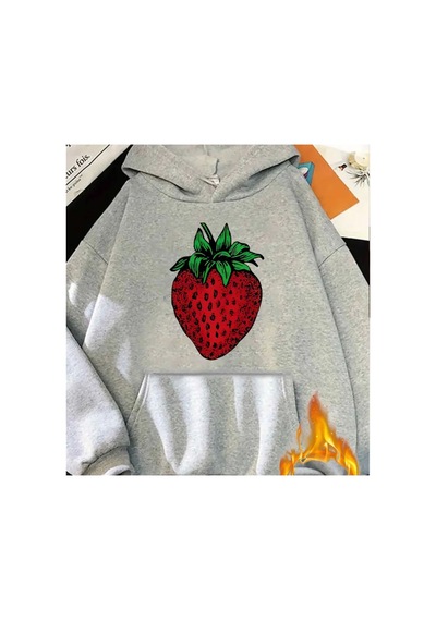 Herkesemoda Çilek Baskı Detaylı Kapüşonlu Sweatshırt Gri