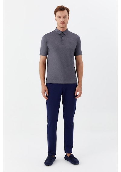 Sabri Özel Erkek Gri Dar Kesim Slim Fit Pamuklu Dokuma Düğmeli Polo Yaka Tişört Siyah