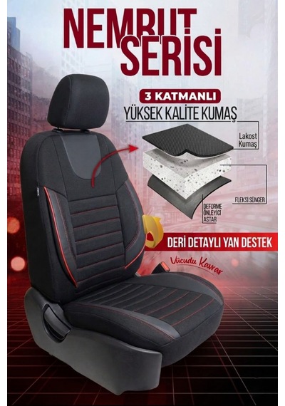 Nemrut Serisi Lakost Kumaş Universal Oto Koltuk Kılıfı Tam Set Siyah-Kırmızı