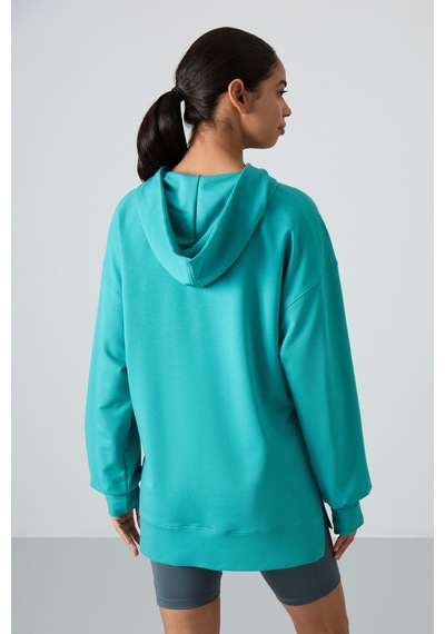 Tommy Life Deniz Yeşili Balon Kol Yazı Nakışlı Kadın Oversize Tunik Sweatshirt - 97163 Yeşil
