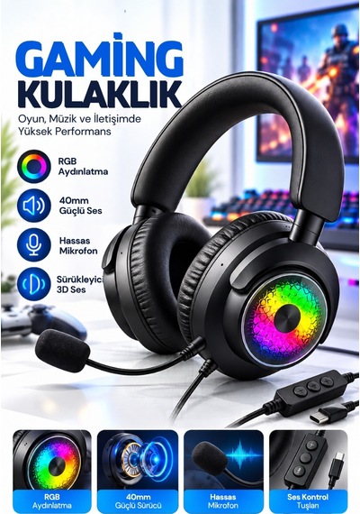 Oyuncu Kulaklığı Mikrofonlu Rgb Led Işıklı 3.5mm Type-c Pc Ps Xbox Uyumlu