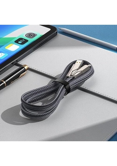 2 İn 2 65w Usb Type-c Ve Lightning İle Uyumlu Örgülü Şarj Ve Data Kablosu - 1.5m Siyah Az-b10th Car Play Destekler