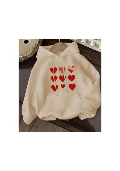 Herkesemoda Kırmızı Kalpler Baskılı İçi Polarlı Kapüşonlu Sweatshirt Bej