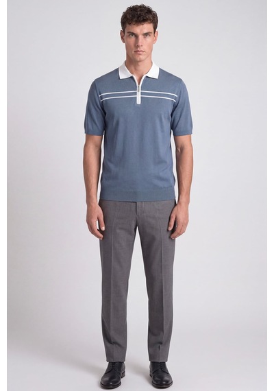 Sabri Özel Mavi Regular Fit Fermuarlı Polo Yaka Örme Triko T-shirt