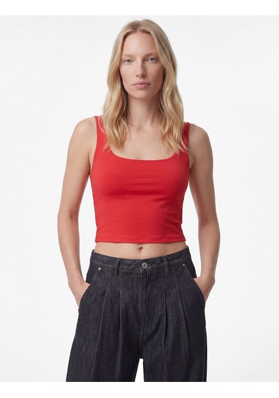 Koton Kare Yaka Slim Fit Kalın Askılı Crop Üst Kırmızı 6sak10228ek