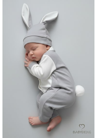 Babyden's Bebek Tavşanlı Tulum Şapka Set %100 Pamuklu Çıtçıtlı,ayarlanır Ponponlu Unisex Yenidoğan Tulum Seti Gri